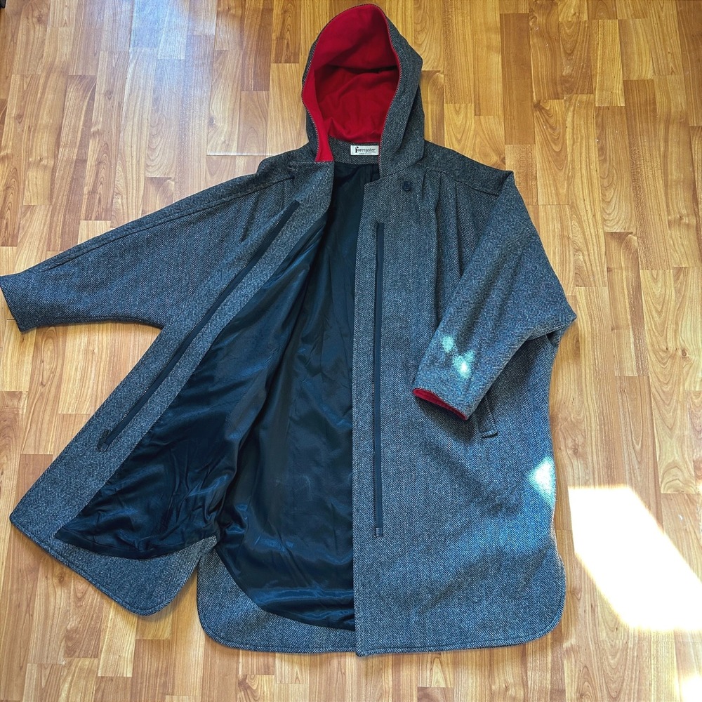 Vintage 80s 90s Oversized Herringbone Wool Coat Red Hooded Blanket Jacket Medium